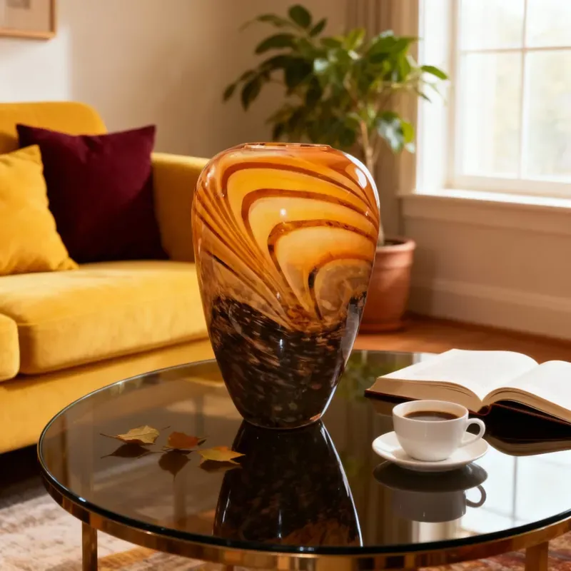 لقطة لمزهرية زجاجية مورانو مصنوعة على طاولة زجاجية سوداء، تتميز بنمط دوامي من ألوان البني والذهبي والرمادي الأزرق. في الخلفية أريكة غرفة معيشة صفراء ووسادة.